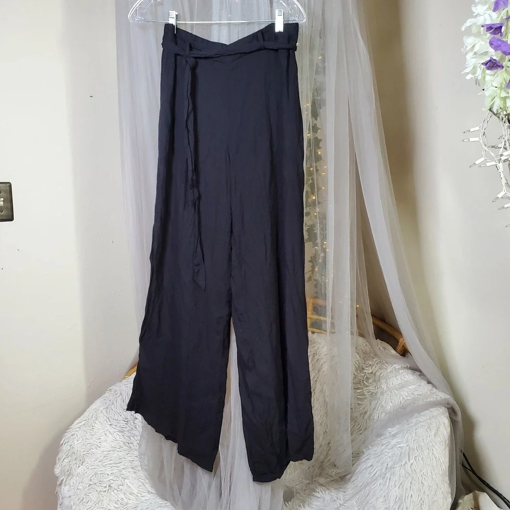Y2K Resortwear Chic Wide Leg Pants Side Slit Black Size M 31